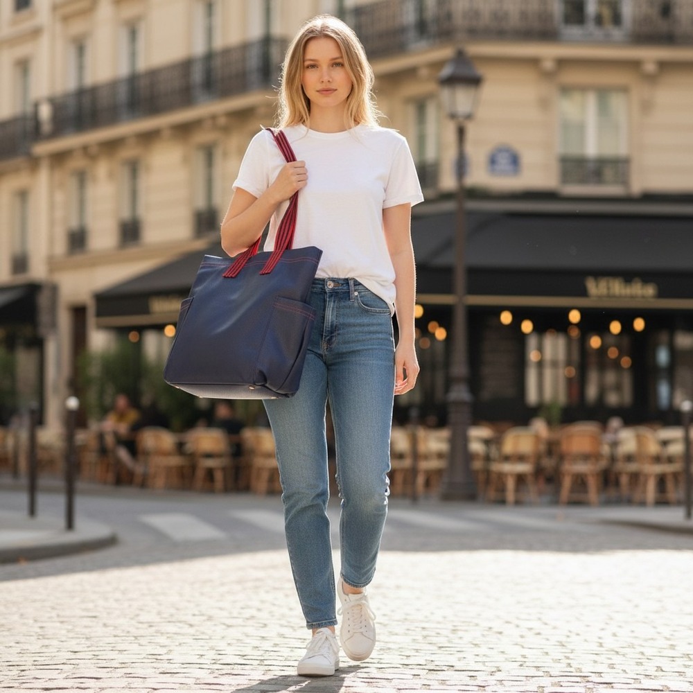 Sporty Navy Blue Perforated PU Leather Tote Bag Striped Straps Universal Thread